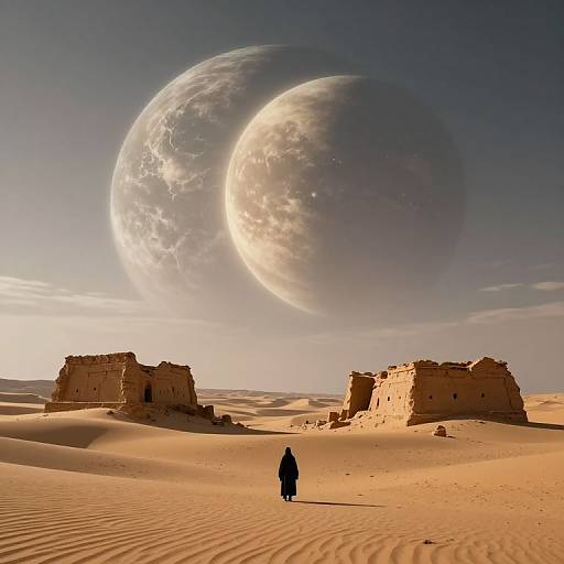 Photograph of a lone figure in a black cloak standing in a desert with two large, illuminated, celestial planets in the sky, surrounded by sand d