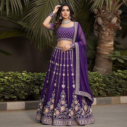 Photograph of a dark-haired woman in a purple traditional Indian lehenga with intricate white embroidery, standing outdoors near palm trees.