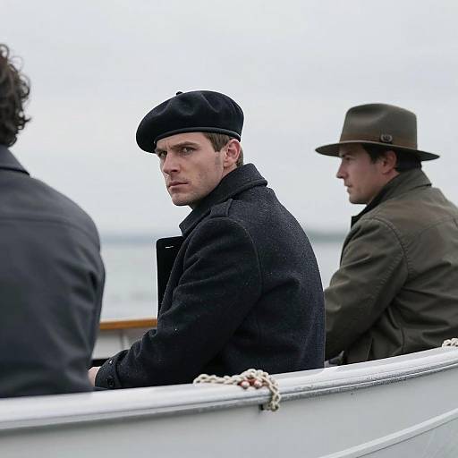 Three Men in Boat Under Overcast Sky