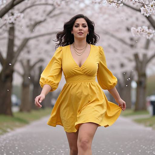 Photograph of a dark-haired woman in a vibrant yellow dress, walking on a cherry blossom-lined path, petals falling around her.