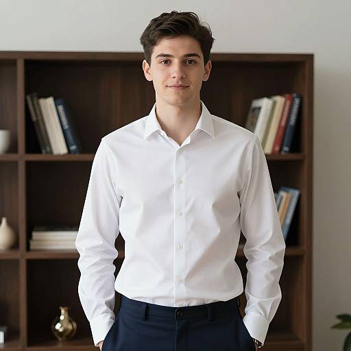Photograph of a young man with dark hair, fair skin, wearing a white button-down shirt and black pants, standing in front of a dark wooden