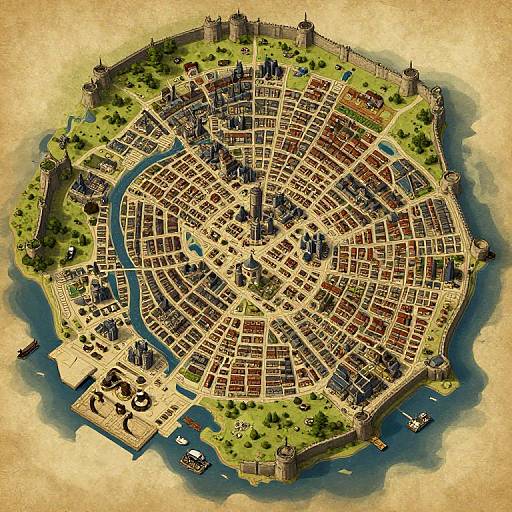 Colorful, detailed overhead map of a medieval city with a central waterway, surrounded by green parks and fortified walls. Digital art.