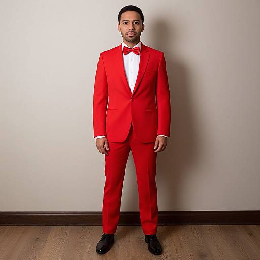 Photograph of a man with short black hair and beard, wearing a bright red tuxedo with bow tie, white shirt, standing against a plain