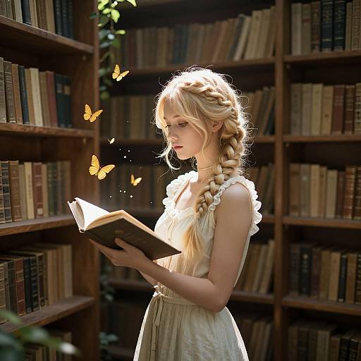 Photograph of a blonde girl with braided hair, wearing a white dress, reading a book surrounded by glowing butterflies in a sunlit library.