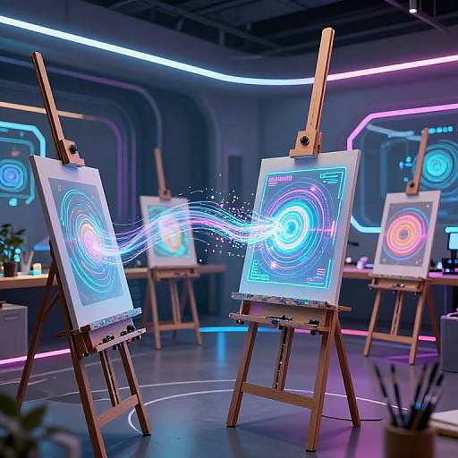 Photograph of three illuminated digital art canvases on wooden easels, featuring colorful neon swirls and light trails, in a modern, brightly lit studio