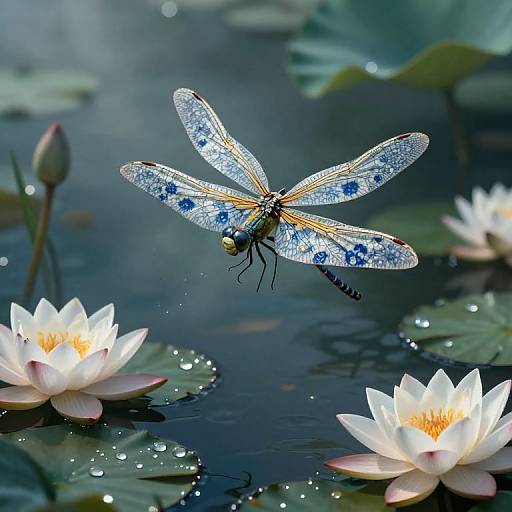 Photograph of a delicate, blue-and-yellow damselfly with translucent wings, hovering above blooming white water lilies on a dark, reflective pond
