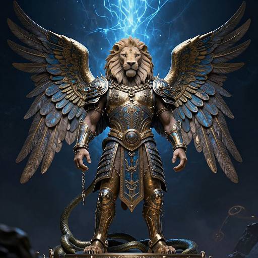 Digital art of a muscular lion-man with golden armor, large wings, and a lightning bolt behind his head, standing powerfully.