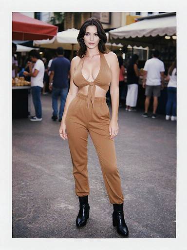 Photograph of a confident woman with long dark hair, wearing a tan, deep V-neck romper and black ankle boots, standing in a bustling outdoor
