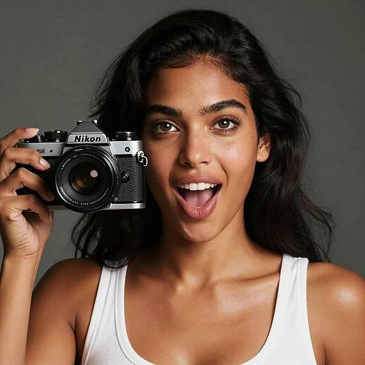 Photograph of a smiling young woman with dark hair, medium brown skin, and wearing a white tank top, holding a Nikon camera close to her face