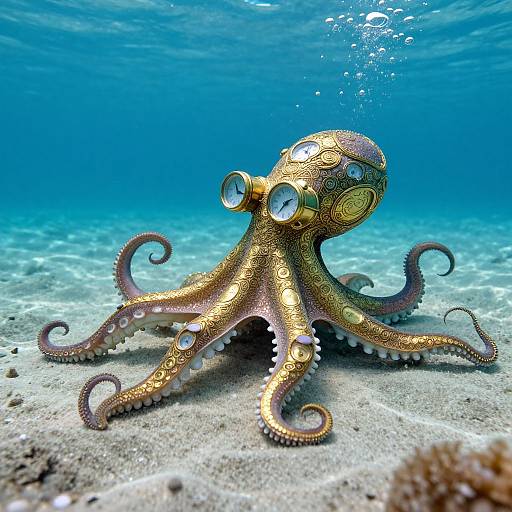 Photograph of a vibrant, golden-brown octopus with intricate patterns and large, round eyes, swimming on a sunlit, sandy ocean floor under