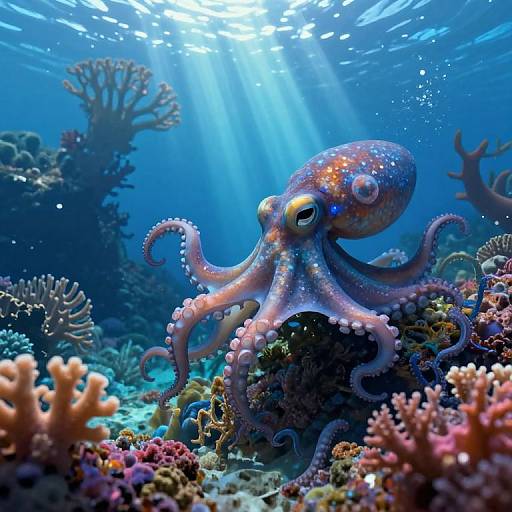 Vibrant photograph of a pink and purple octopus with yellow eyes, swimming among colorful coral reefs under bright sunlight in a clear blue ocean.