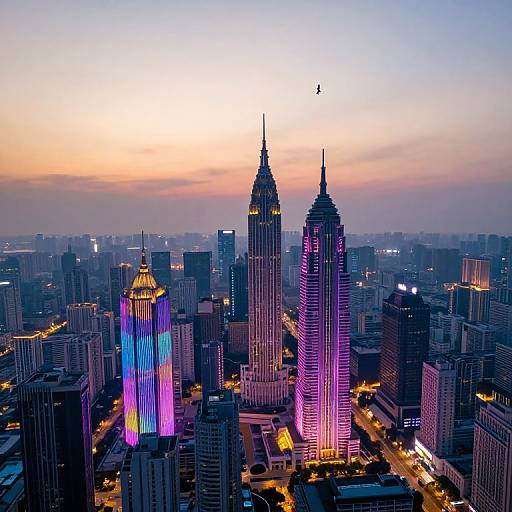 Photograph of a cityscape at dusk with illuminated skyscrapers, including a vibrant purple and blue tower, and a twin-towered building in pink