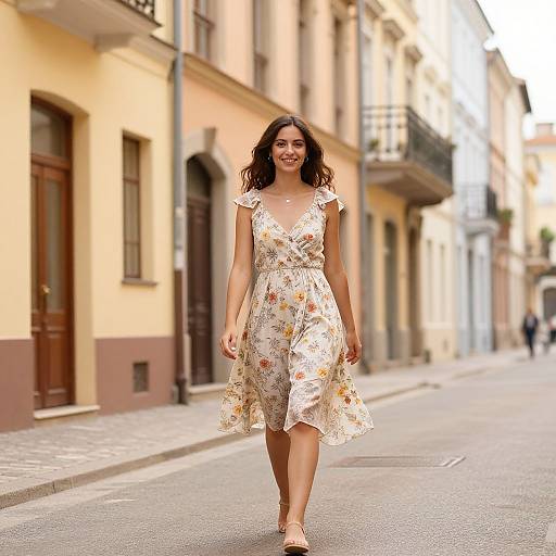 Photograph of a smiling young woman with wavy brown hair, wearing a floral, V-neck, knee-length dress, walking down a sunlit,