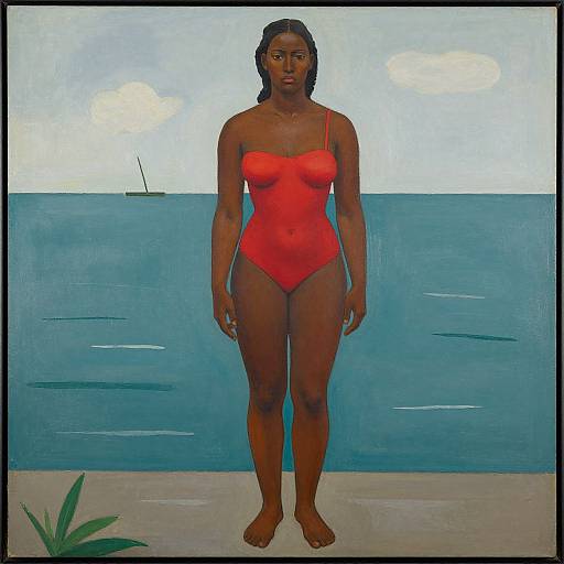 Painting of a dark-skinned woman in a red one-piece swimsuit standing on a beach with blue ocean and cloudy sky.