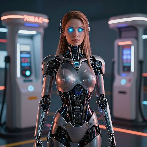 CGI image of a sleek, silver, female humanoid robot with glowing blue eyes, standing in a futuristic, dimly lit room with two illuminated terminals