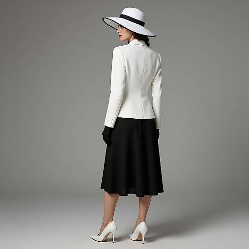 Photograph of a woman in a white hat, white blazer, black skirt, white heels, and black gloves, standing with back to camera against