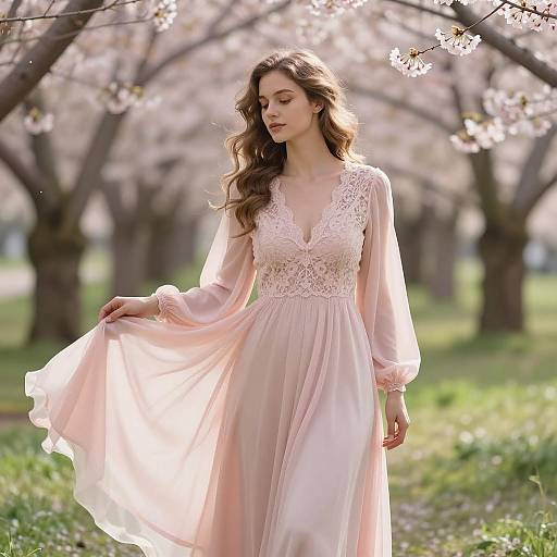Woman in Pink Lace Dress in Cherry Blossom Field
