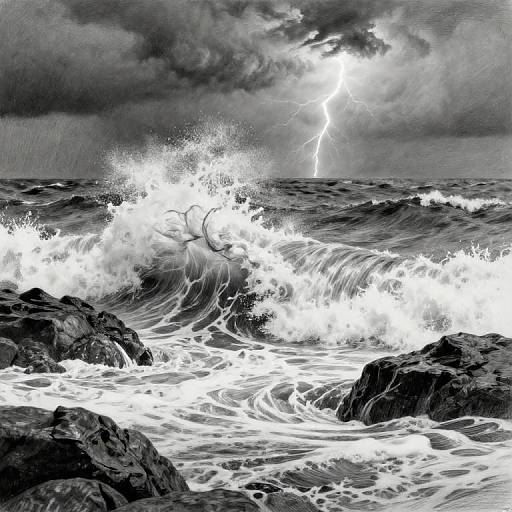 Monochrome digital drawing of turbulent ocean waves crashing against rocky shore, with a bright lightning bolt striking from a stormy sky.