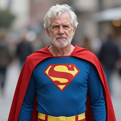 Photograph of an elderly white man with white hair and beard, dressed as Superman with blue shirt, red cape, and yellow 