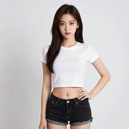 Photograph of an Asian woman with long black hair, wearing a white crop top and black denim shorts, standing against a plain white background.
