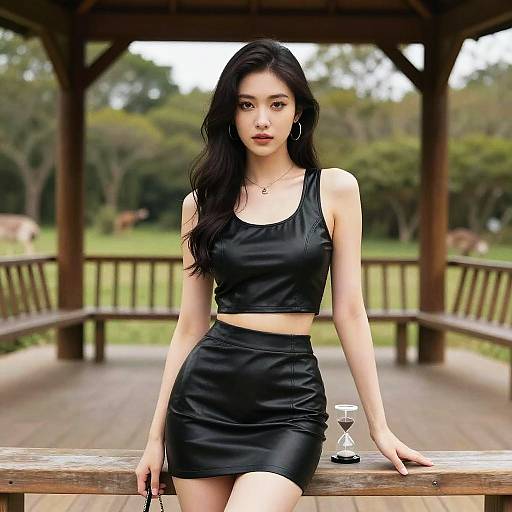 Photograph of an Asian woman with long black hair, wearing a black crop top and skirt, sitting on a wooden bench, with a glass hourglass
