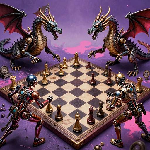 Digital artwork of a chessboard with two robotic dragons and metallic robot players, set against a purple, cosmic background with pink nebulae.