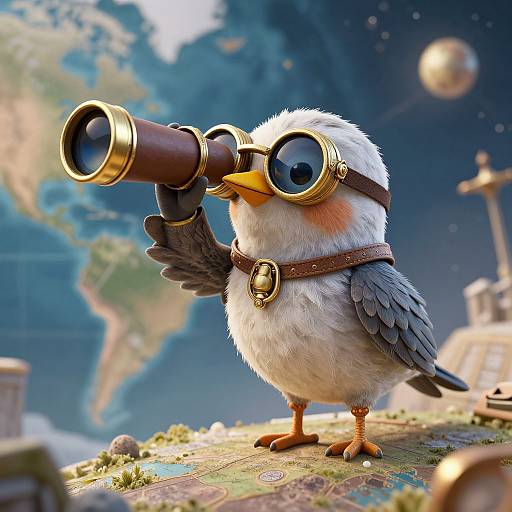 Cute, fluffy white bird with brown goggles and leather strap, standing on a map, looking through a brass spyglass against a space backdrop with planets