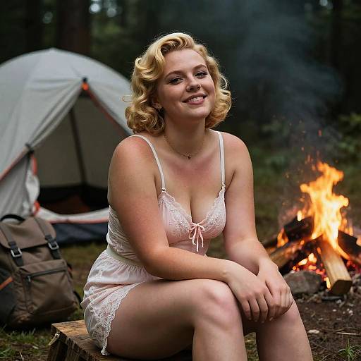 Photograph of a smiling blonde woman in a white lace nightgown sitting by a campfire, with a tent and backpack in the forest background.