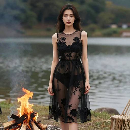 Romantic Woman by Lake Campfire