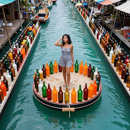 Photograph of a woman in a white, striped sundress standing on a floating platform in a canal lined with colorful bottles.