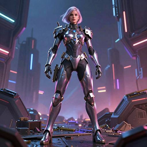 CGI image of a futuristic, silver-armored, white-haired woman standing confidently in a neon-lit, cyberpunk cityscape, surrounded by wreckage