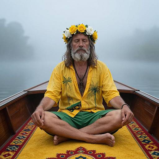 Photograph of an elderly man with a gray beard and long hair, wearing a yellow shirt, green shorts, flower crown, seated cross-legged in a