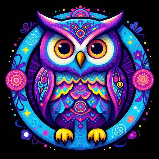 Vibrant digital illustration of a stylized owl with large, glowing eyes, colorful patterns, and swirling designs, centered within a blue circular frame.