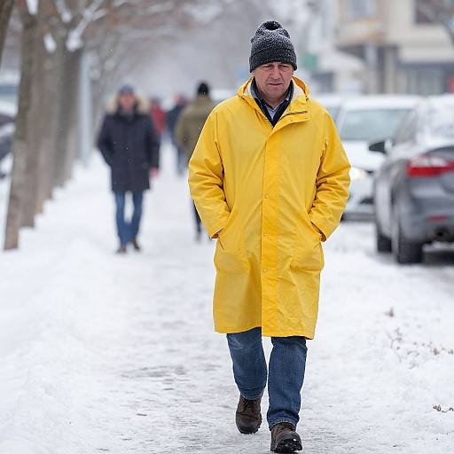 Man in Yellow Raincoat on Snowy Street