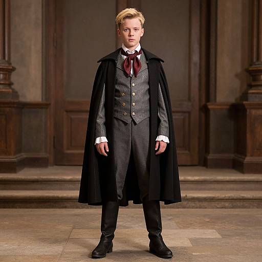 Photograph of a young blond boy in a Victorian-style gray suit, black cape, red bowtie, standing in a dimly lit, wooden-pane