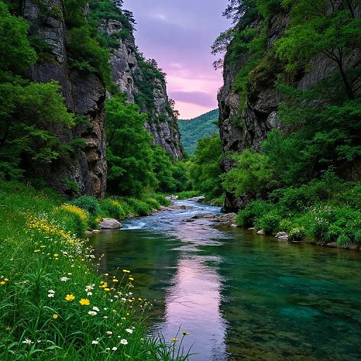 Photograph of a serene, narrow river valley with steep, rocky cliffs covered in lush greenery, reflecting a pink and blue sunset sky. Yellow and