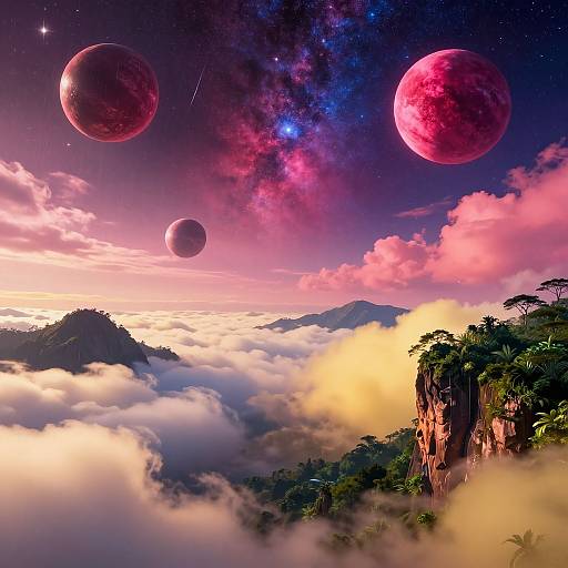 Digital art: Vibrant sunset over a misty mountain landscape with lush greenery, surrounded by pink and purple clouds, and three large, glowing red