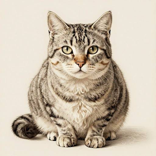 Photograph of a chubby, gray tabby cat with green eyes, sitting on a white background, looking directly at the camera.
