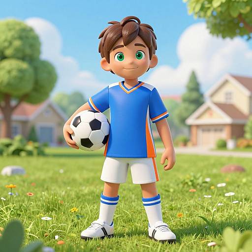 CGI cartoon of a cute young boy with brown hair and green eyes, wearing a blue soccer uniform, white shorts, and socks, holding a soccer
