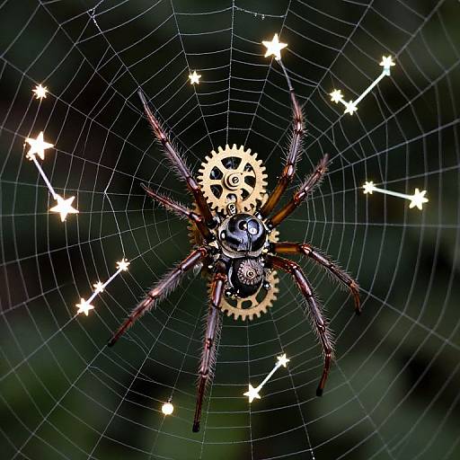 Photograph of a detailed, metallic spider with interlocking gears and glowing star-like lights on its web, set against a dark, blurred background.