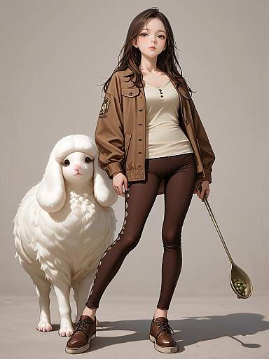 CGI image of a young woman with long black hair, wearing a brown jacket, white shirt, black pants, and brown shoes, standing beside a