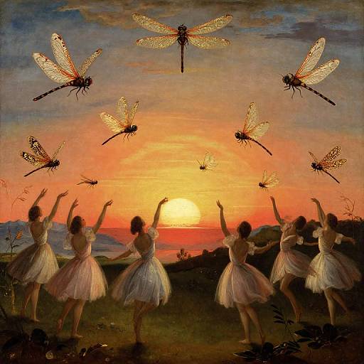 Magical painting of six ballerinas in pink tutus, arms raised, dancing at sunset as nine glowing dragonflies fly above.