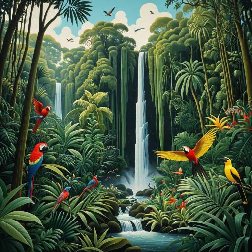 Lush Tropical Rainforest with Exotic Birds and Waterfalls