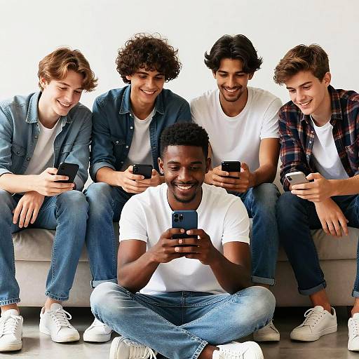 Four Boys Sitting with Smartphones