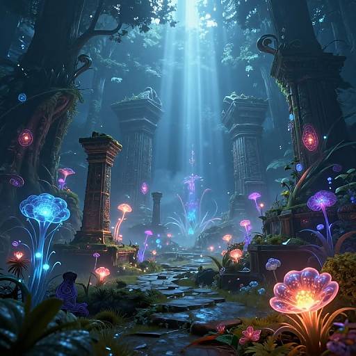 Enchanted forest scene with glowing mushrooms, luminescent pillars, and ethereal blue rays of light filtering through dense, misty trees. Digital