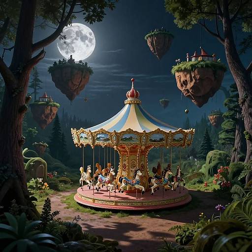 Whimsical digital illustration of a brightly lit, ornate carousel under a full moon, surrounded by floating islands and lush forest.