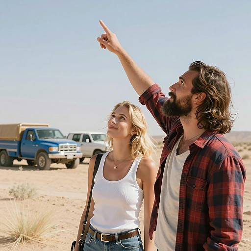 Couple Exploring Desert Pointing at Sky