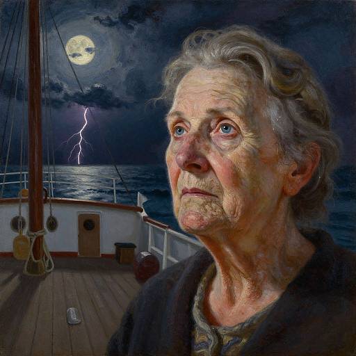 Digital painting of an elderly woman with wrinkled skin, gray hair, and deep blue eyes, standing on a boat at night under a full moon and