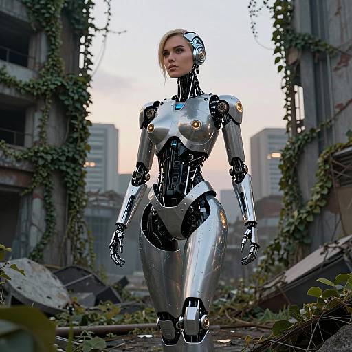Photorealistic CGI of a silver and black humanoid robot with blonde hair walking through a dilapidated, overgrown urban ruin at sunset.