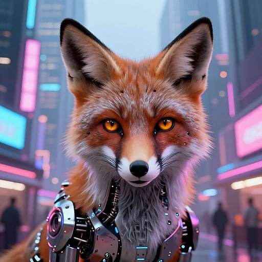 Digital artwork of a cybernetic fox with glowing orange eyes, metallic shoulders, and vivid neon cityscape background, blending realism with sci-fi elements.